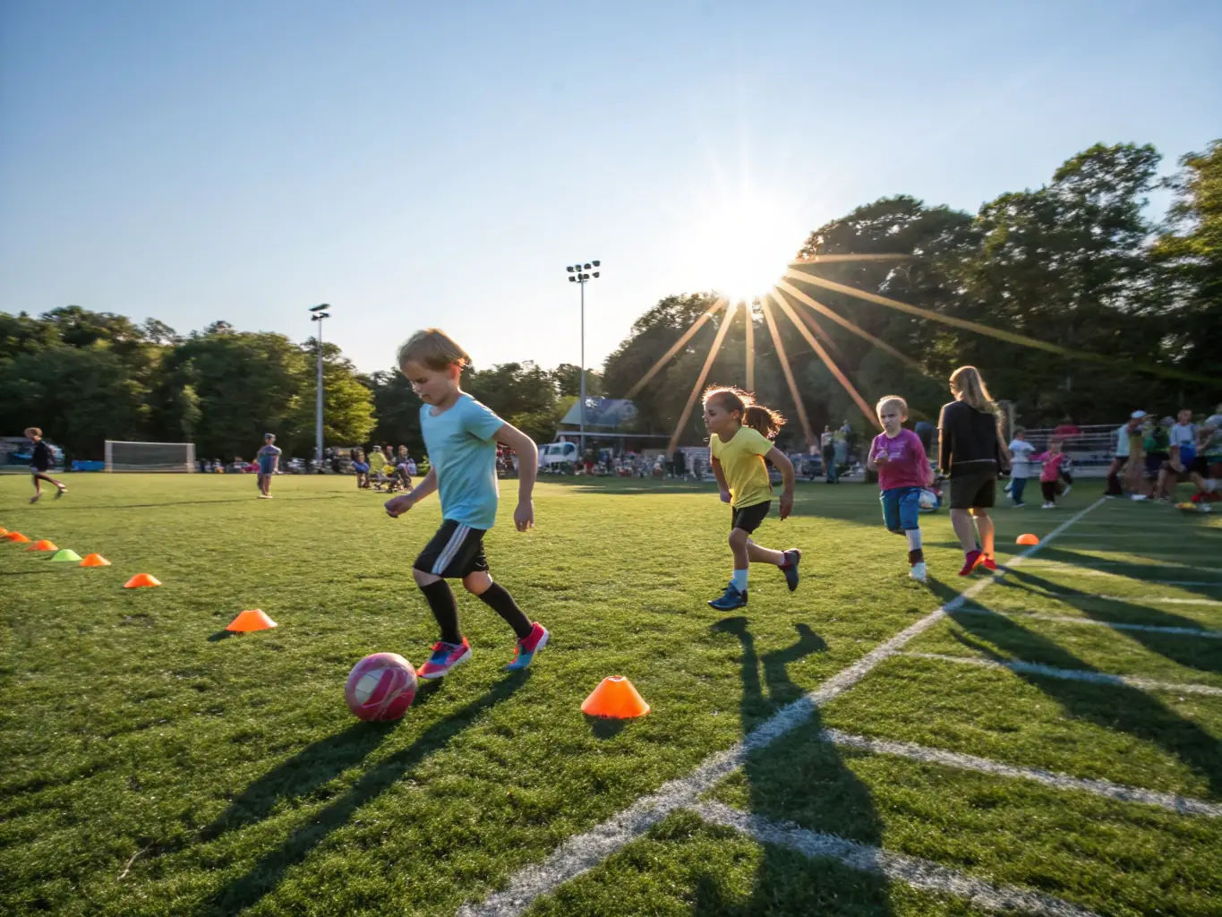 A vibrant image depicting young football players participating in a training session at a local club, showcasing skill development and teamwork.