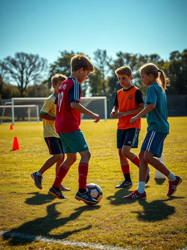 A vibrant image of young football players participating in a training session, focusing on skill development and teamwork, set against the backdrop of a modern football field in the Grand Est region.