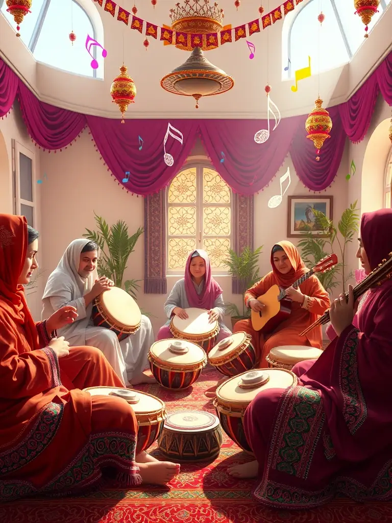 An image of participants engaging in a traditional Berber music workshop, playing instruments like the bendir and gimbri.