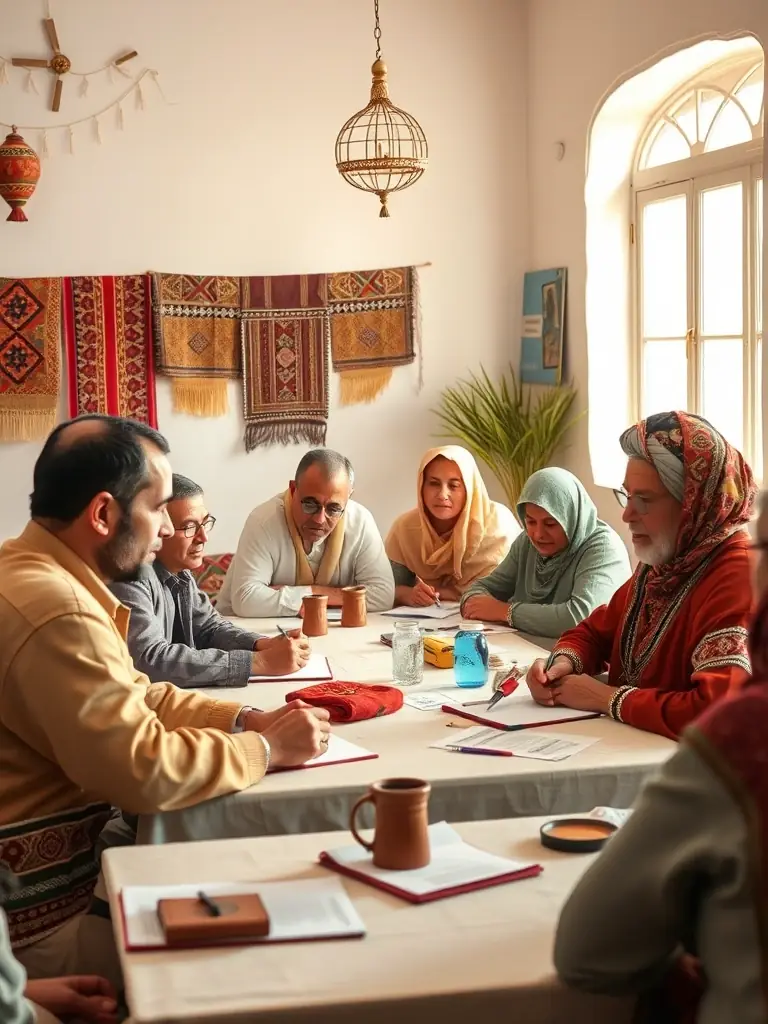 A vibrant photo of a Berber language workshop in progress, showing participants of various ages engaged in learning and practicing the language, with traditional Berber decorations in the background.