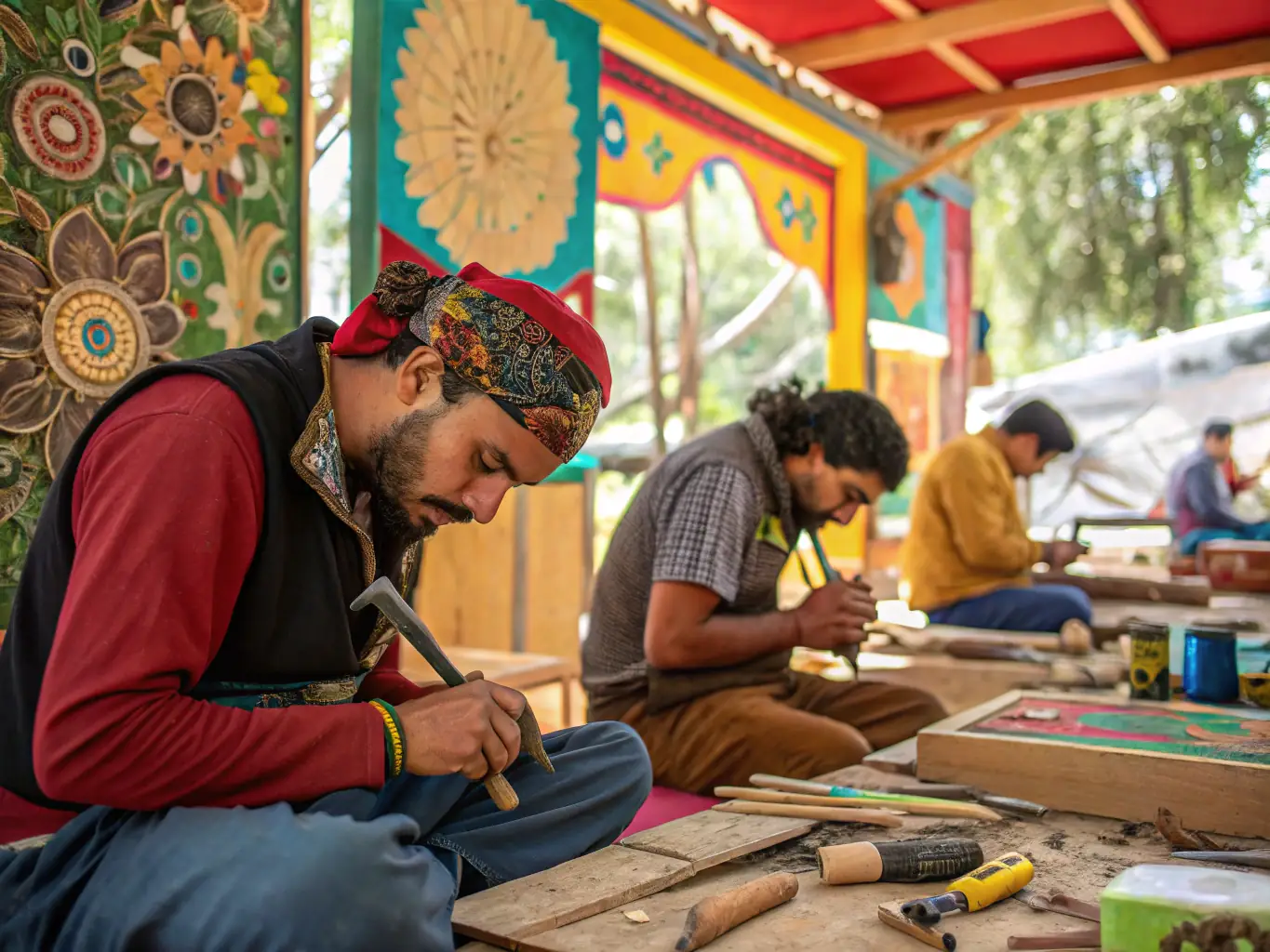 A captivating shot of a traditional Berber craft workshop, showcasing intricate handmade jewelry, textiles, and pottery, with skilled artisans demonstrating their techniques.