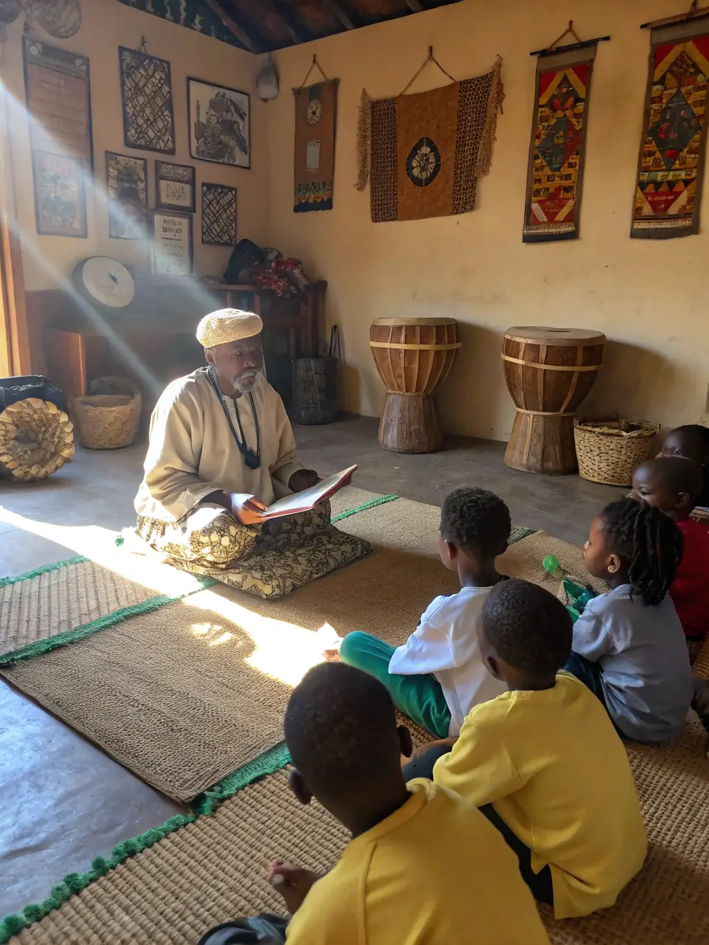 An image of children participating in a storytelling session, listening to a Berber elder share traditional folktales and legends.