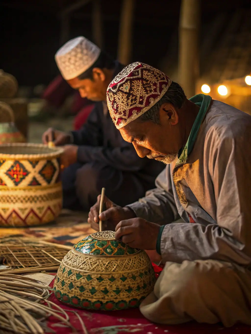 A close-up shot of hands engaged in a traditional Berber craft workshop, focusing on intricate weaving or pottery techniques, highlighting the skill and artistry involved.