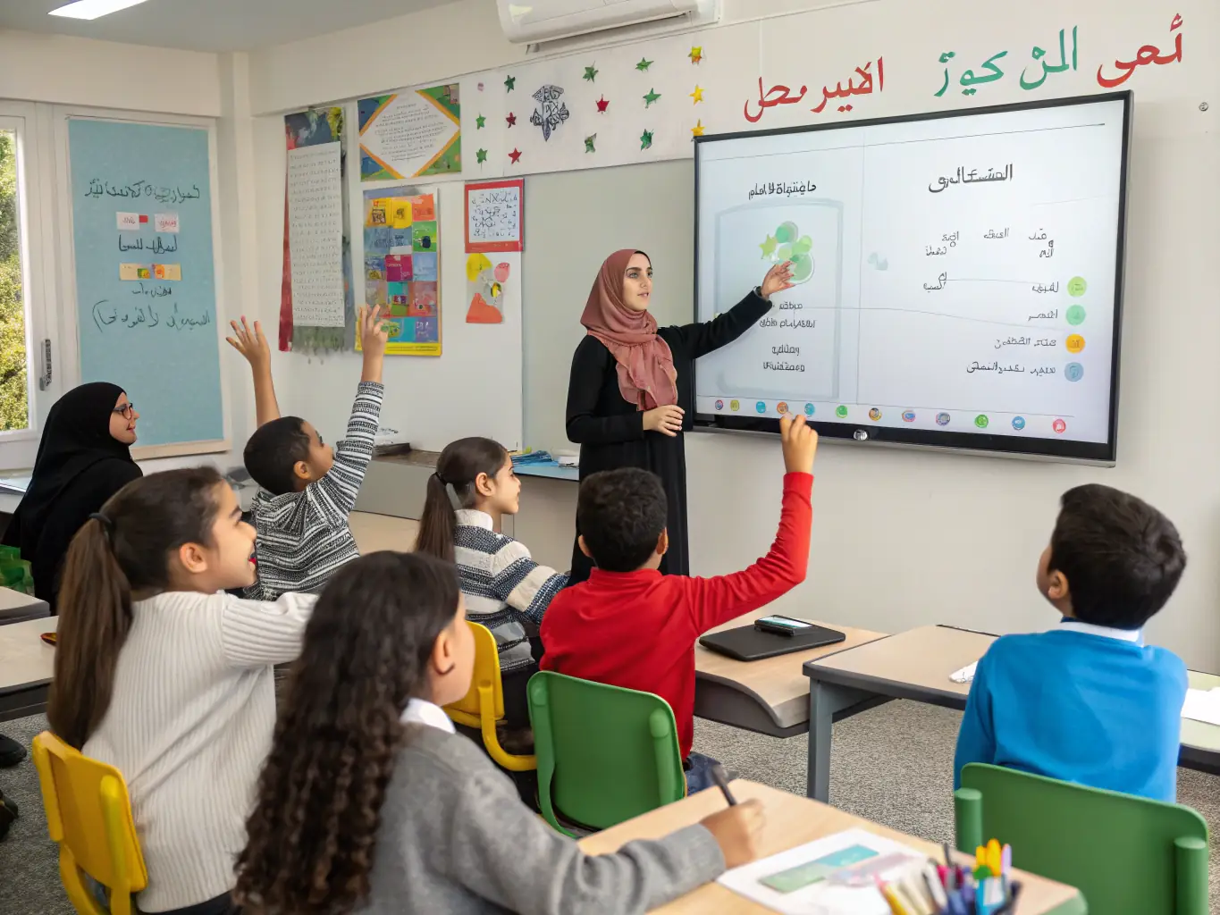 A dynamic image of a Berber language workshop in progress, featuring an instructor engaging with participants, whiteboards filled with Berber script, and a supportive learning environment.