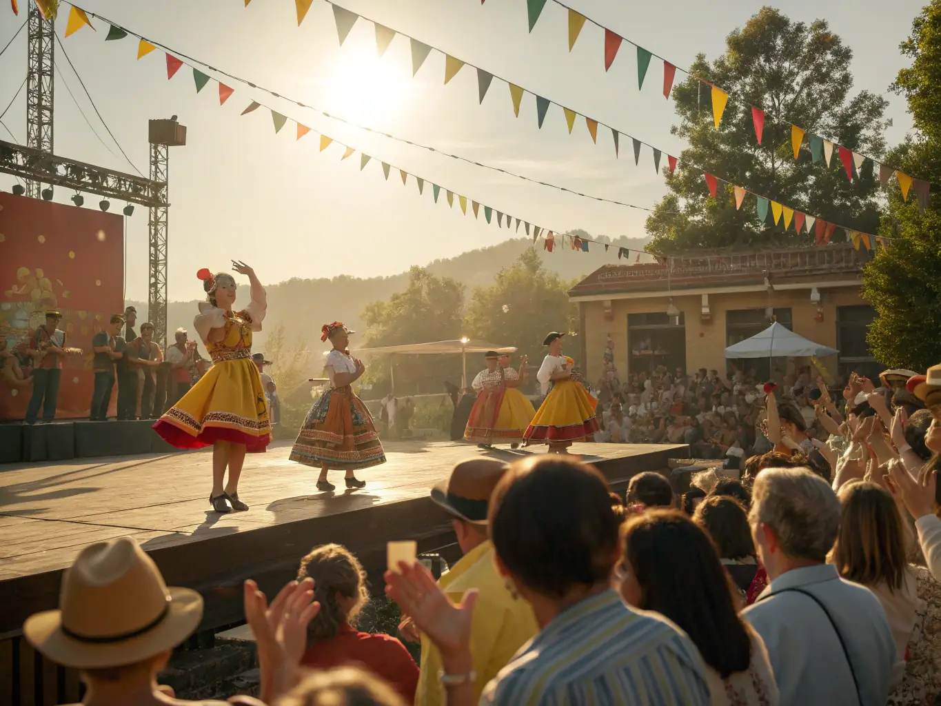 A photograph capturing a vibrant Berber cultural festival, showcasing traditional music, dance, and colorful attire, set against a backdrop of enthusiastic attendees.