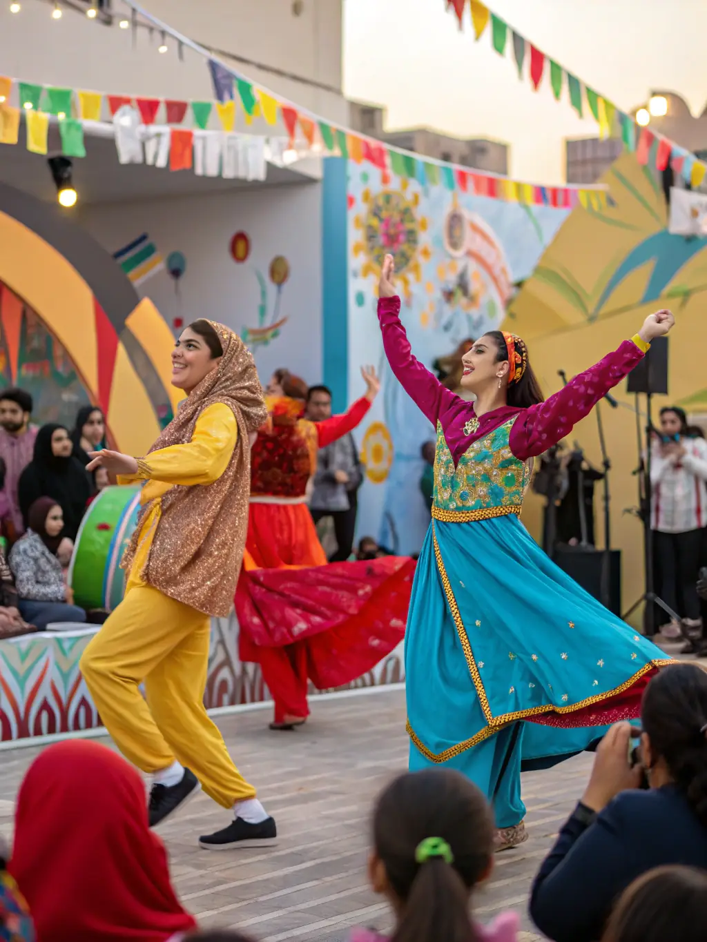 A dynamic image of a Berber music and dance performance, featuring musicians playing traditional instruments and dancers in colorful costumes, capturing the energy and rhythm of Berber culture.