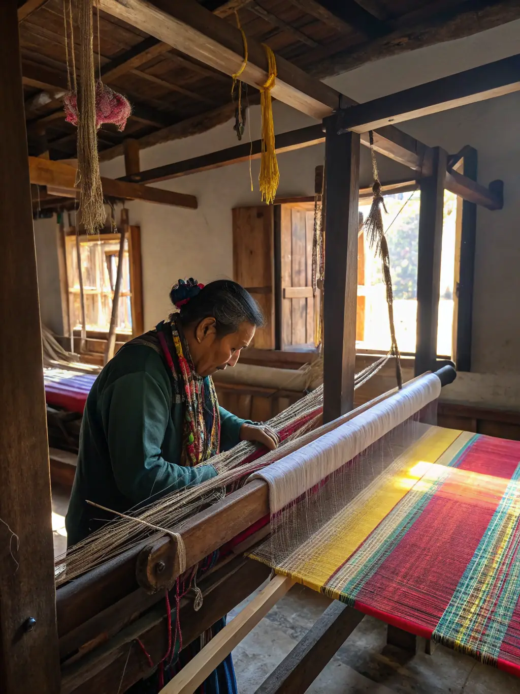 An image of participants creating intricate designs in a Berber weaving workshop, using colorful wool and traditional looms.