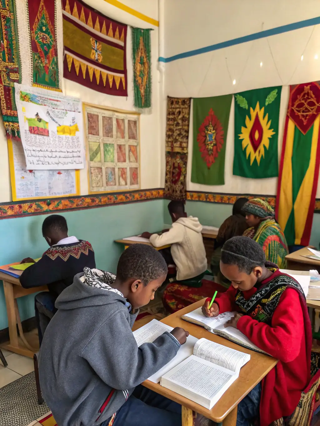 An image of a Berber language class in session, with students of various ages learning to read and write in Tifinagh script.